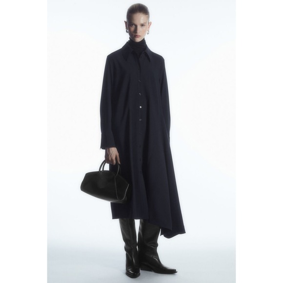 COS Dresses & Skirts - COS Navy Asymmetric Wool Shirt Dress Button Front Midi US 14 Minimalist